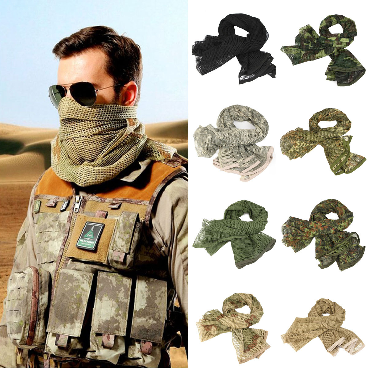 Unisex Tactical Mesh Scarf Mask Shemagh Sniper Veil Camo Military Army Wrap