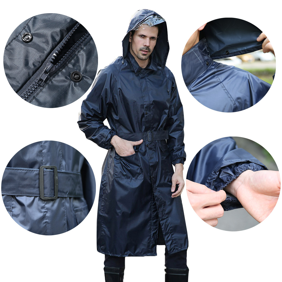 Mens Women PVC Waterproof Extra Long Raincoat Belt Parka Poncho Rain
