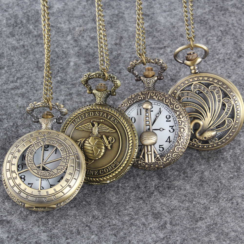 Antique Vintage Bronze Tone Men Pocket Chain Quartz Pendant Watch